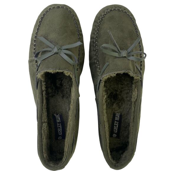 Ashley Blue Moccasin Slipper Olive Green Bow Tie Hard Flexible Bottoms Size 10 - Picture 5 of 11